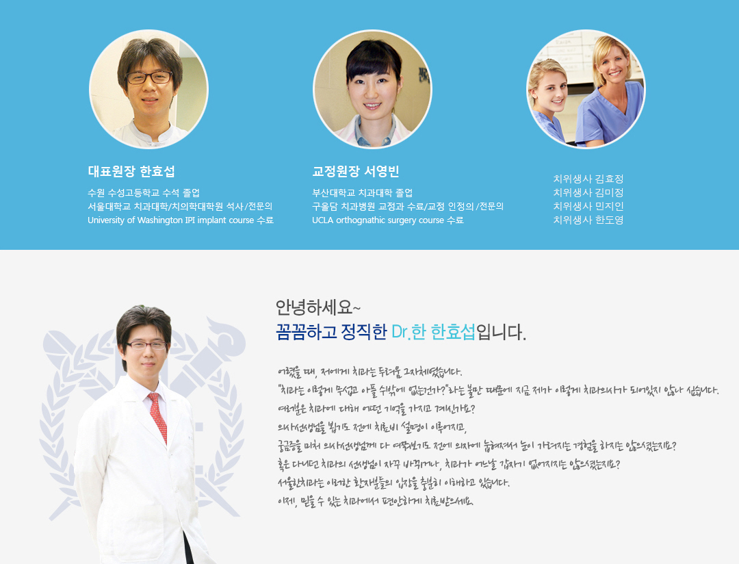 꼼꼼하고 정직한 Dr.한 한효섭 대표원장 한효섭
수원 수성고등학교 수석 졸업
서울대학교 치과대학/치의학대학원 석사
University of Washington IPI implant course 수료